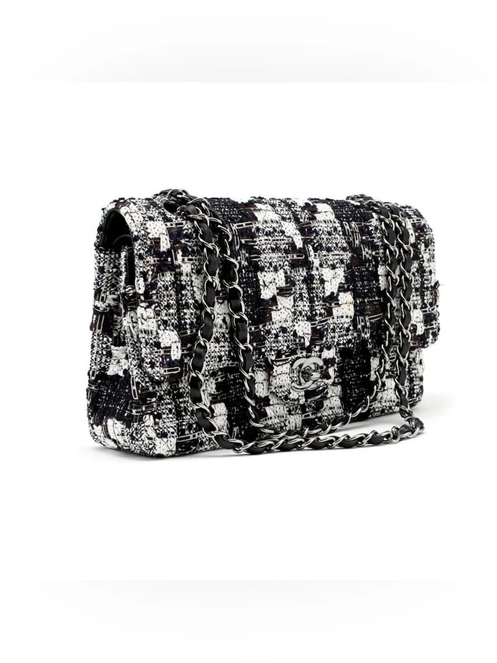 Chanel Navy Black Tweed Double Flap Double Chain Shoulder Bag 25 Silver Chain